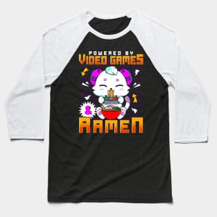 Powered By Video Games & Ramen Anime Cat Gamer Baseball T-Shirt